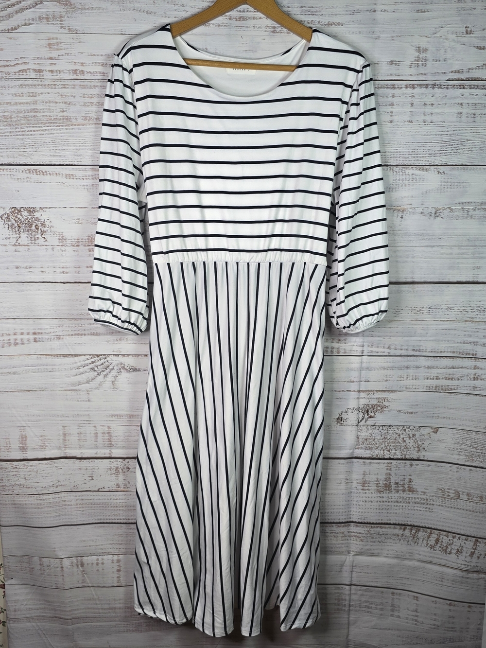 Reborn J 1XL Black White Striped Midi Dress Tie Waist Pocket Plus Size New